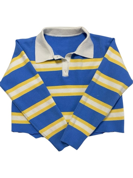 Tops - Woman’s Striped Crop Polo Top in Blue & Yellow SZ Medium